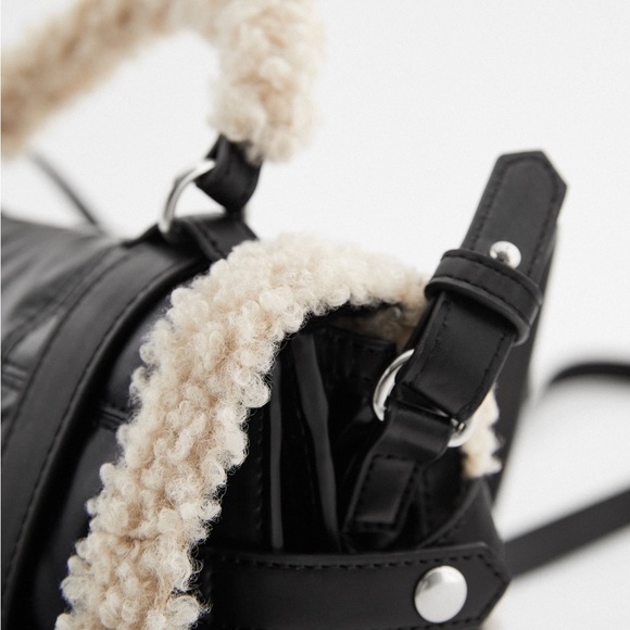 Zara Sherpa Fleece Leather Crossbody Sactchel with Faux Shearling - Picture 9 of 14